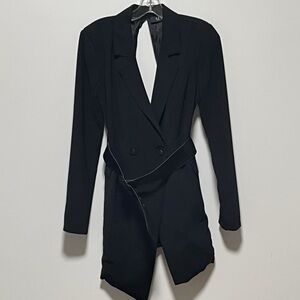 AKIRA plunging neckline open back black Faux Leather belted long sleeve blazer